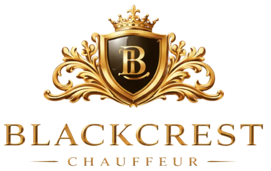 Gold crest logo with crown and letter B for BlackCrest Chauffeur on a black background.