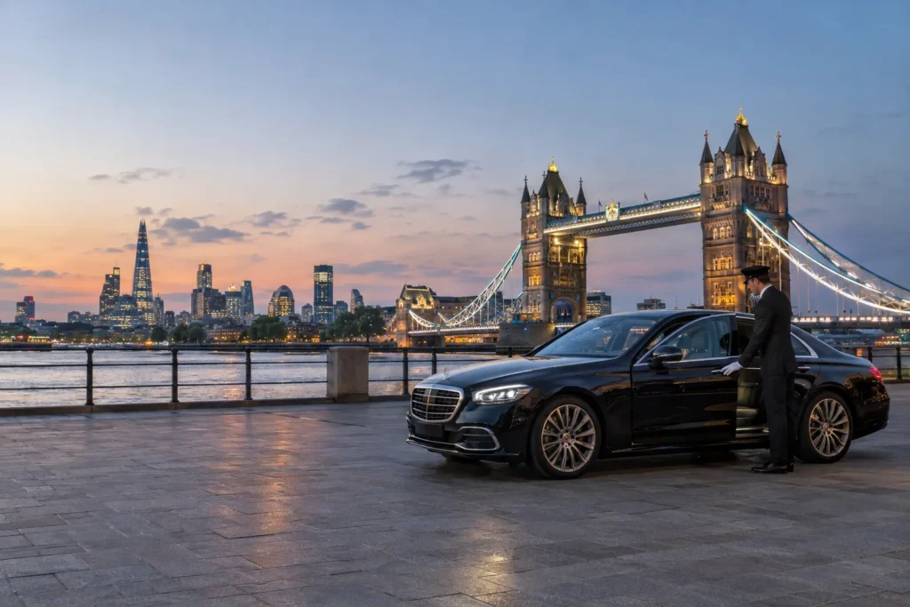 2027 Mercedes S-Class chauffeur vehicle by Tower Bridge London at dusk